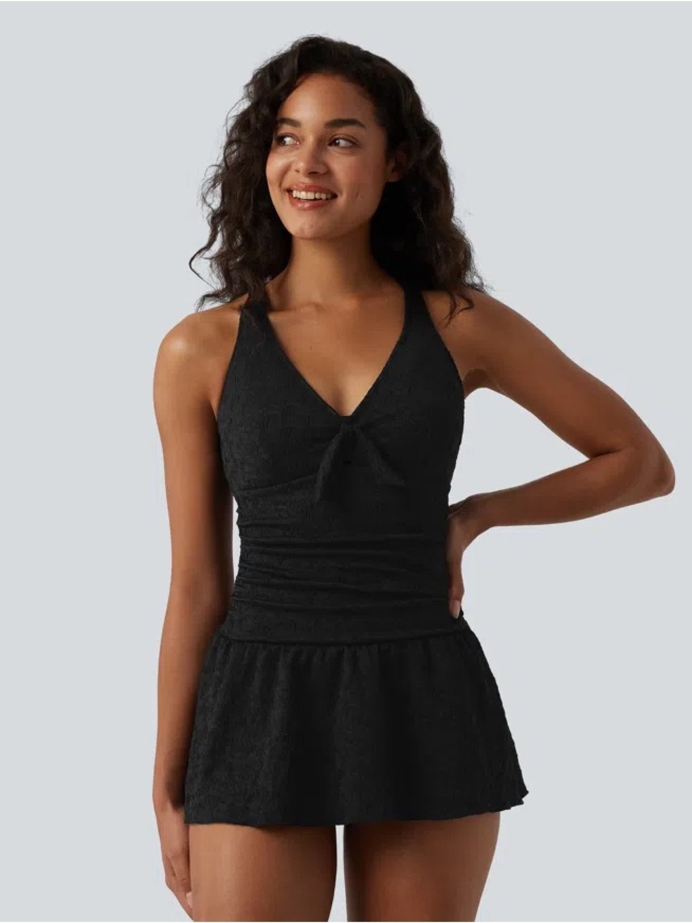 Halara V-Neck Tie-Front Tummy Control Ruched 2-in-1 Swimsuit Swimdress One Piece